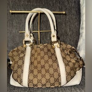 Gucci GG Canvas Small Boston Shoulder Bag Cream Leather Trim